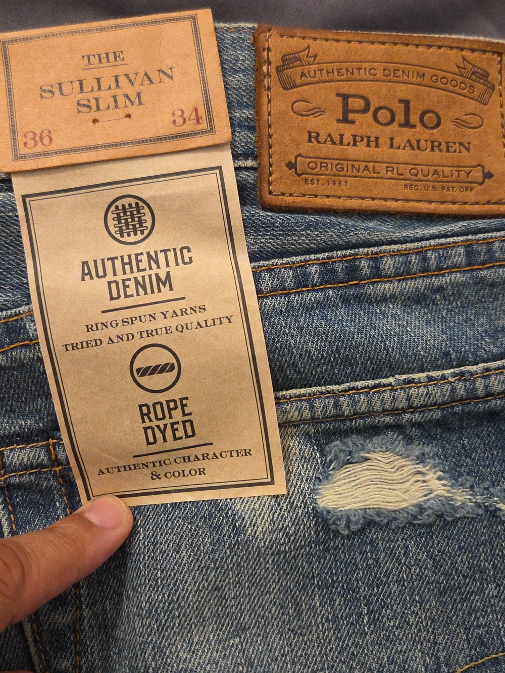 Polo by Ralph Lauren Men’s Slim Straight Distressed Blue Jeans - Picture 2 of 2